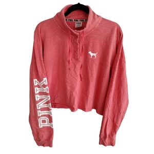 VS PINK | Oversized Pink with White Spell-Out Cropped & Boxy 1/4 Button Top